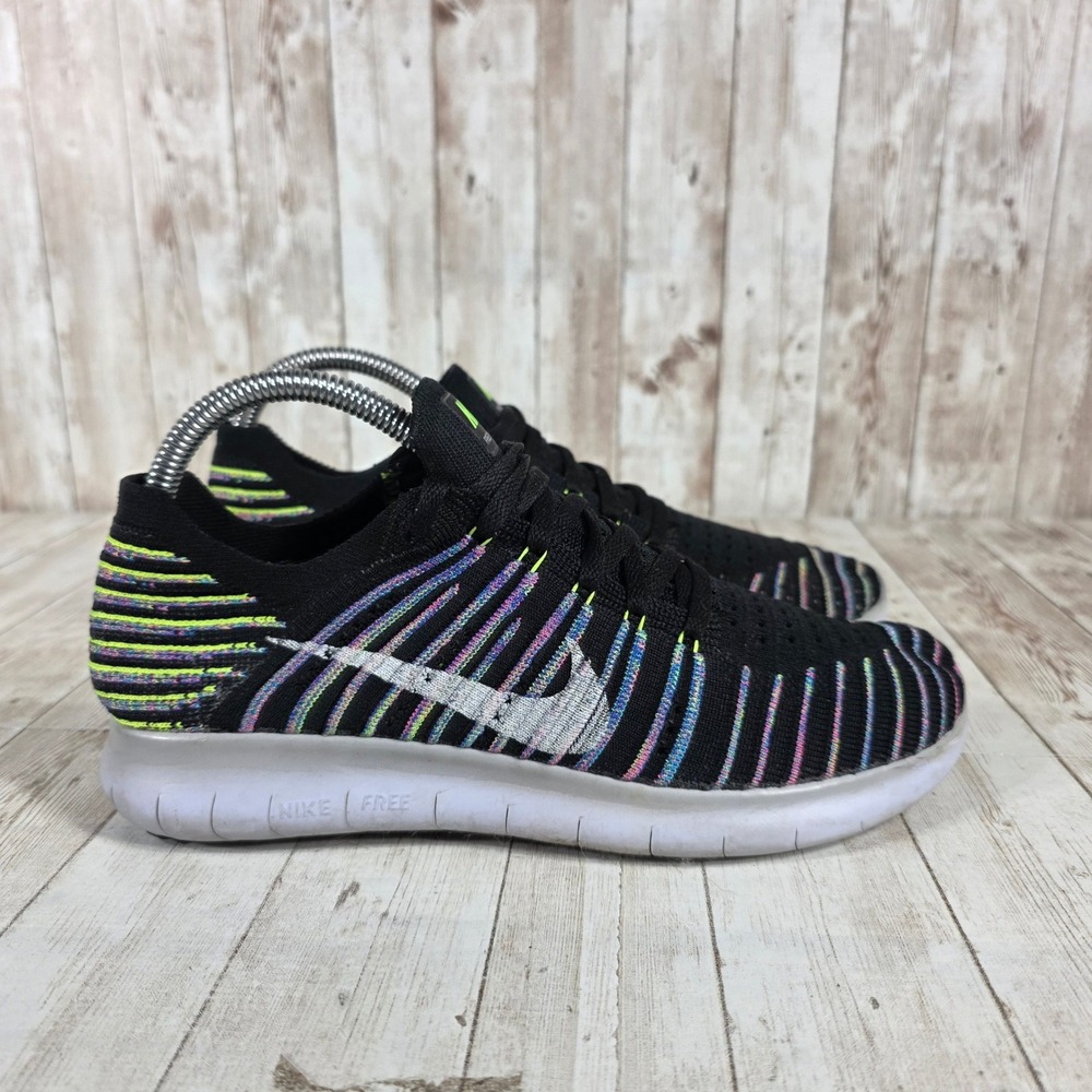 Nike Free RN‎ Flyknit Women's Running Shoes Black Rainbow Multicolored Size 8